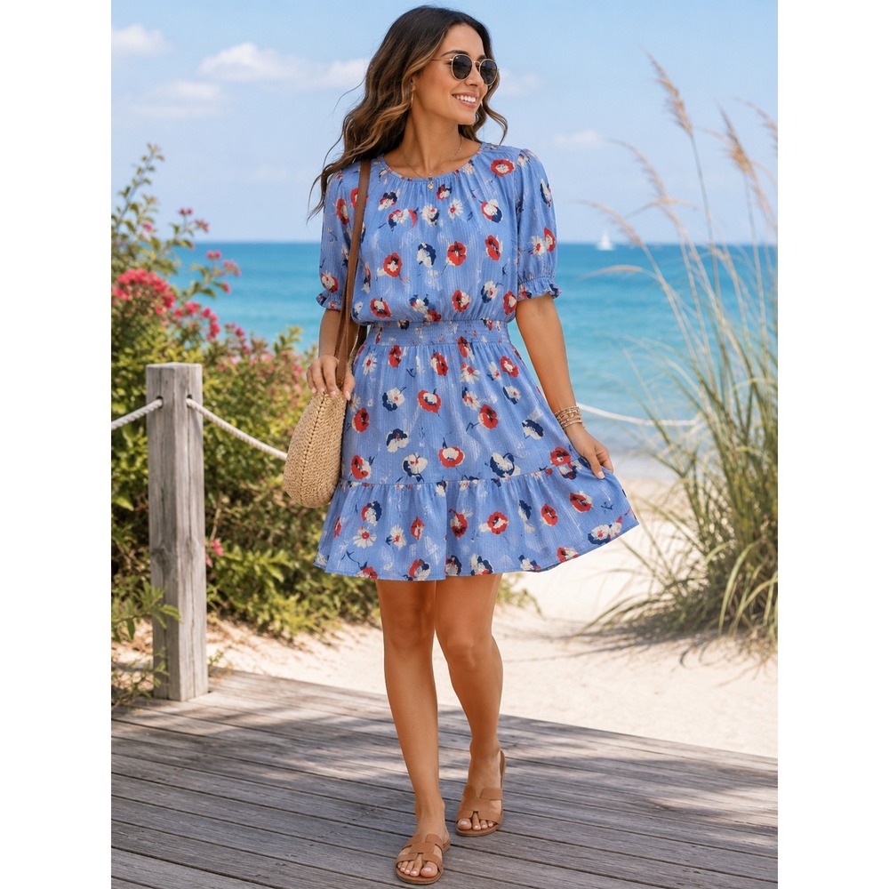 NWT LOFT 4 Blue Floral Tiered Ruffle Smocked Waist Fit Flare Cottagecore Coastal